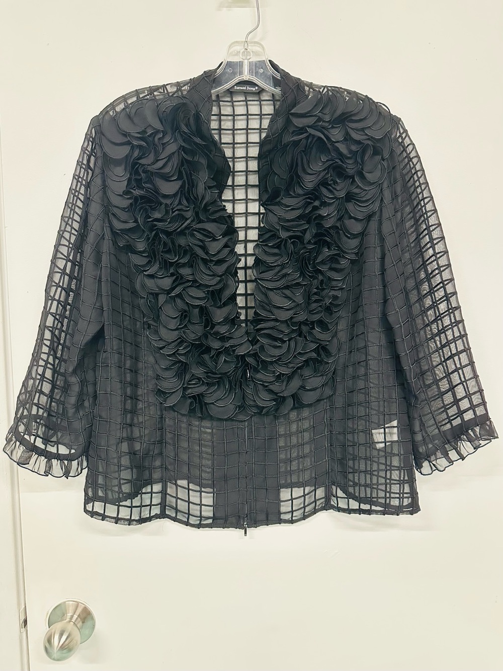 Samuel Dong Black Organza Ruffle Jacket Sheer Grid Zip Front M L layering jacket